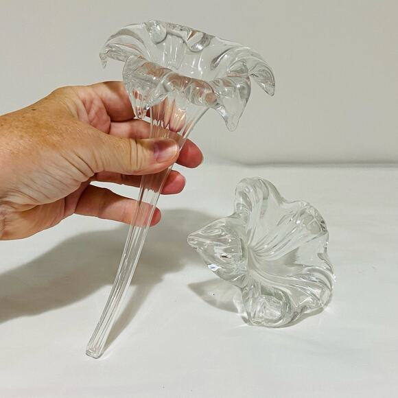 Clear Art Glass Flower Two Handmade Blown Large Textured Shapely Floral Stems - Picture 9 of 10